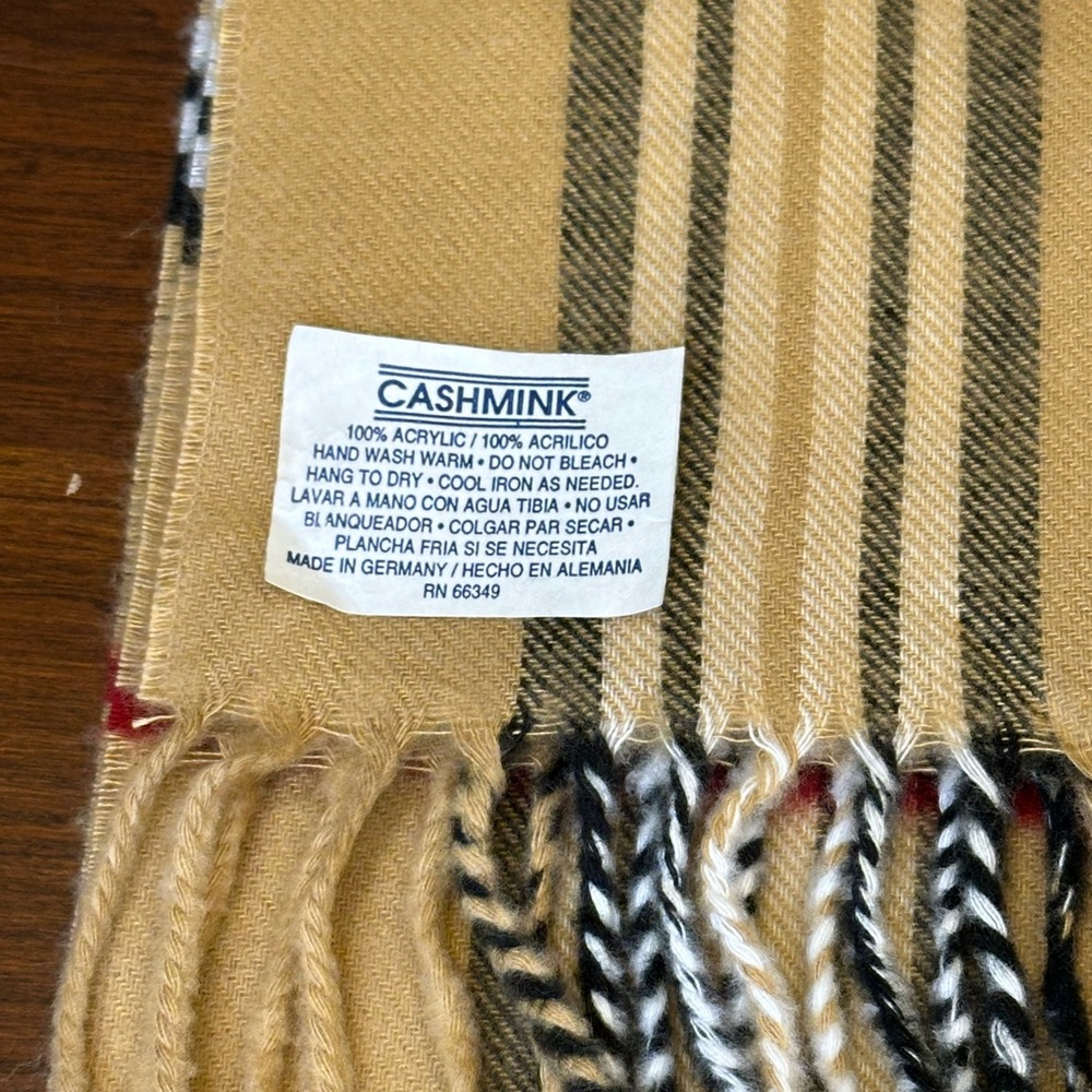 VTG 1990s-2000s V. FRAAS Cashmink Tan Burberry Tartan Plaid Scarf - Picture 3 of 5
